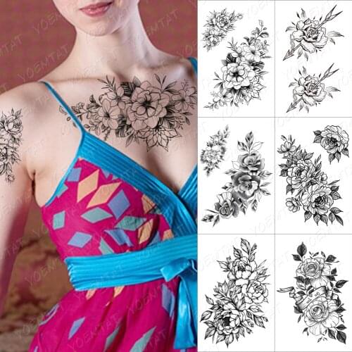 Lines Roses Snake Flowers Temporary Tattoo Sticker For Men Women Adult Peony Waterproof Fake Henna Old School Body Art Tattoo