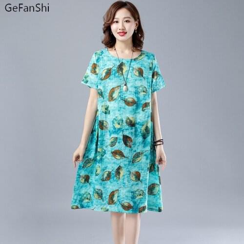 Summer Cotton Linen Short Sleeve Knee Length Dress Print Vintage Casual Loose Elegant Women Dresses Lady Clothes