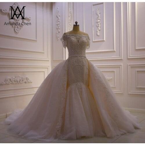 Vestido de noiva Off Shoulder Short Sleeve Lace Appliques Pearls Wedding Dress with Detachable Skirt
