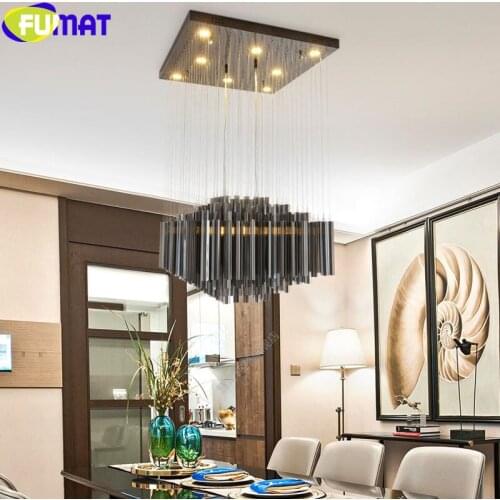 FUMAT Black Crystal K9 Pipe Stainless Steel Plate Ceiling Lamp LED Modern Style Square Lights Hanging Light Fixture Hanglamp