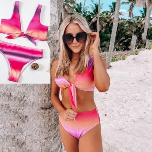 Sexy Two Pieces Womens Swimsuit Gradient Front Lace-up Bikini Set High Waist Ladies Swimwear Summer Bathing Suit Beachwear