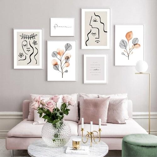 Nordic Autumn Posters Abstract Line Face Canvas Paintings Orange Black Leaves Wall Art Print Pictures Living Room Home Decor