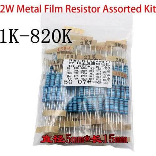 Total 150pcs 1% 2W Metal Film Resistor Assorted Kit 30Values*5pcs=300pcs (1K ohm ~820Kohm)