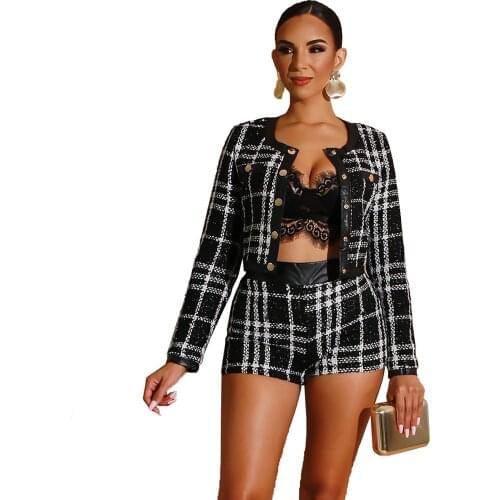 Ladies Plaid Stitching PU Leather Fashion Suit