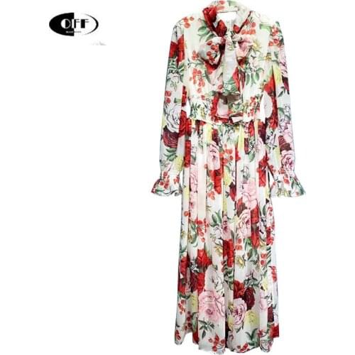 Beach Chic Designer Midi Long Dresses For Women Elegant Bow Collar Long Sleeve Elastic Waist Ruffles Floral Printed Boho Dress
