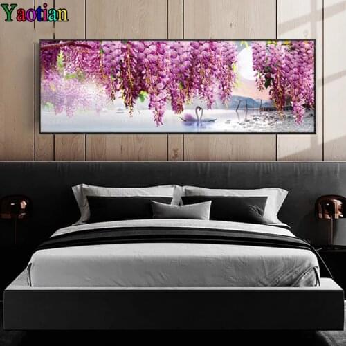 5D Diamond Painting Pink Flower Swan Lake Full Square Diamond Embroidery Diamond Mosaic Cross Stitch Gift Rhinestone Pictures