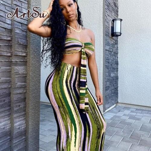Artsu Print Sleeveless Slash Neck Maxi Dress Summer Women 2021 Fashion 2 Piece Suit Sexy Skirt Club Streetwear Outfits
