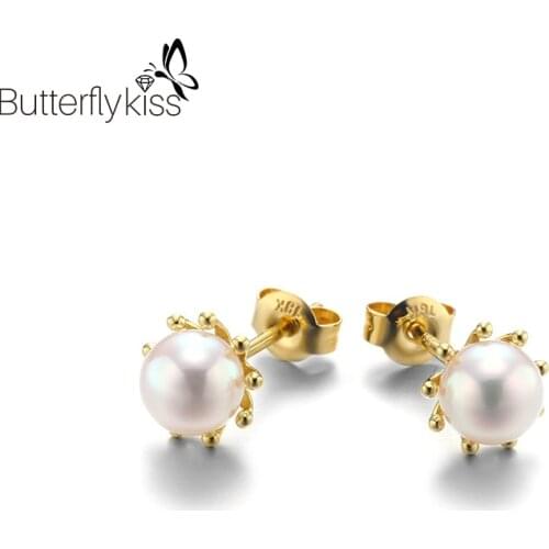 BK 9K Genuine Gold 585 Stud Earrings For Women Fashion Office Fresh Water Pearl Bulb Fine Jewelry Wedding Engagement Party Gifts