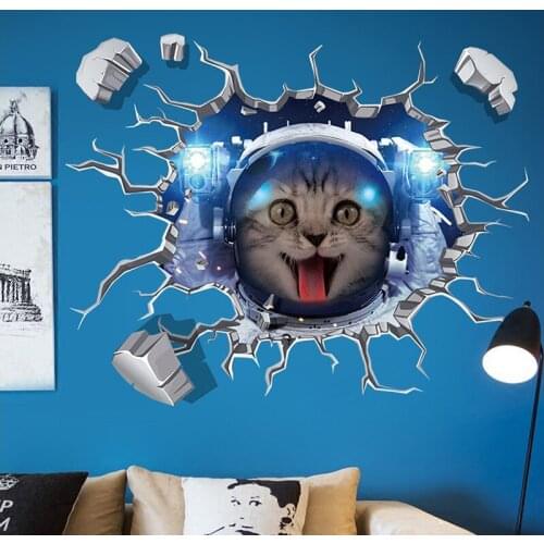 DIY 3D Space Aerospace Cat Wall Stickers for Kids Room Bedroom Nursery Study Dormitory Background Decoration Removable Decals