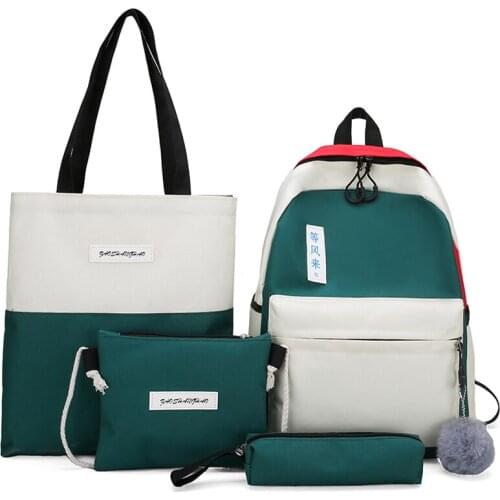 Canvas Panelled Large Capacity Shoulder Bags Women 4pcs/set Patchwork Backpack School Bags For Teenage Purse Girls Pencil Case