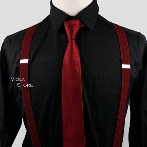 Men Women Wine-Red 2.5cm Suspender Tie Set 6cm Narrow Necktie Y-Back Brace Pink Black Formal Party Wedding Shirt Pants Accessory