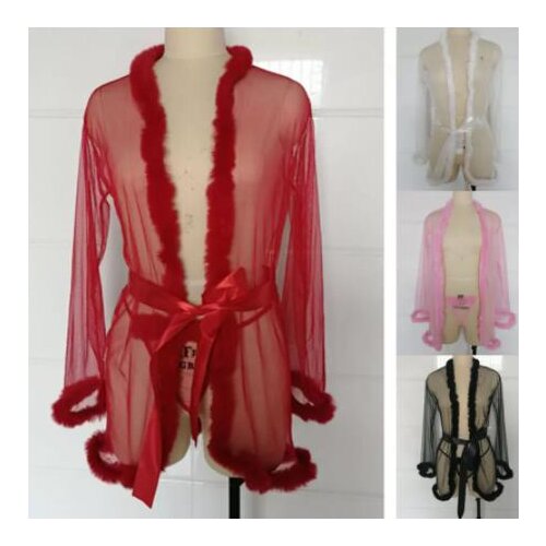 3pcs Women Sexy Lingerie Babydoll Long Sleeve Feather Robes and G-String Sets with Belt Ladies Underwear Nightwear Exotic Sets