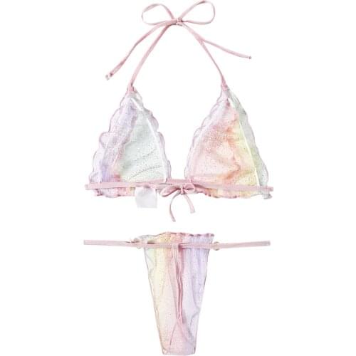 New Summer Sexy Women Fashion Colorful Lingerie 2Pcs Set with Sequins See Through Deep V-neck Lace-up Bra + Panties suit