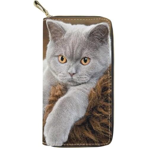 Zip Around Wallet PU Leather Passport Coin Purse Wallet for Women Cute Grey Cat Print Long Purses Ladies Money Card Clutch Bag
