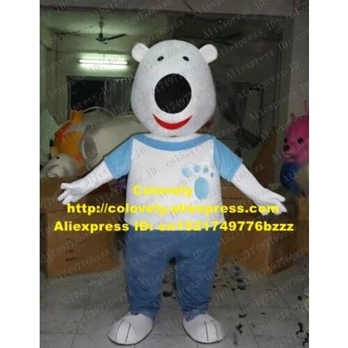 Cute White Dog Bear Mascot Costume Mascotte Cutu Doggie Puppy Pup With Big Black Nose White Shirt Blue Pants No.2832 Free Ship