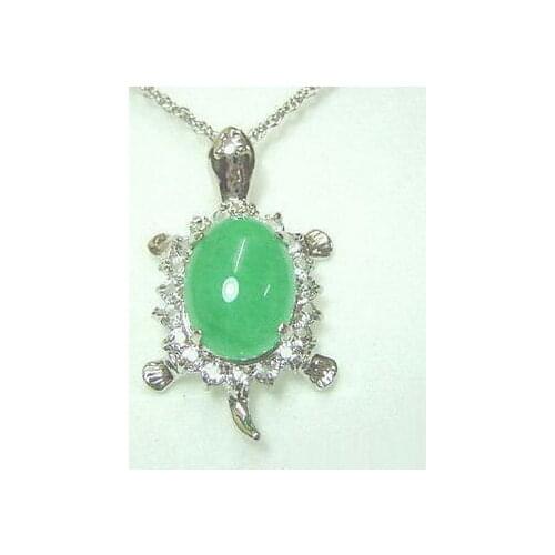 Green Jade 18KWGP Crystal Turtle Pendant and Necklace