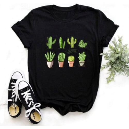 Mayos Summer Fashion T-shirt Ladies T-shirt Cactus Plant Printed Short Sleeve Top Casual O Neck Top