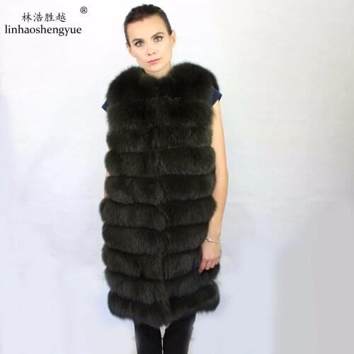 Linhaoshengyue 100CM Long Advanced Fox Fur Stripes and Denim Coat Winter Warm