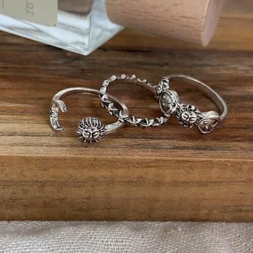 Vintage Silver Color Sun Moon Star Rings Set for Women Men Ethnic Finger Open Ring Trend Female Ring Jewelry Gift