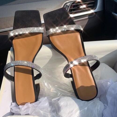 New Chunky High Heels Slides Women Beach Ladies Shoes Rhinestone Summer Slippers Women Chinelo European Pantuflas De Mujer