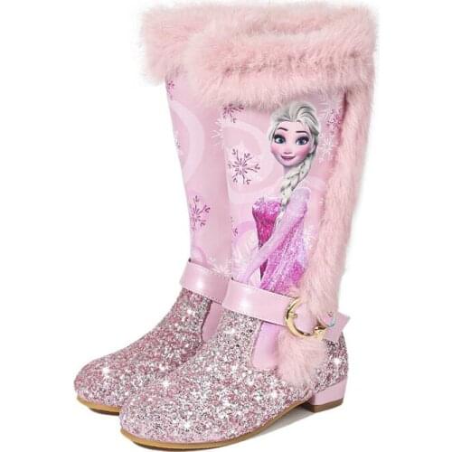 Disney autumn and winter frozen new girls high-heeled boots little girl Princess elsa boots plus velvet warm children snow boots