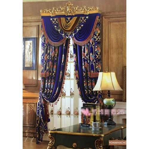 Custom curtains High-class luxury villa living room European blue chenille thick cloth blackout curtain tulle valance drape B733