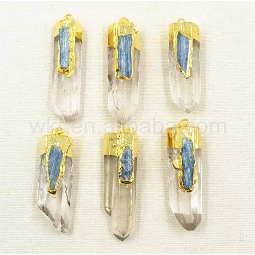 WT- P880 Clear Quartz Crystal with blue kyanite charm pendant Healing Stone Jewelry pendant Boho Jewelry Crystal pendant