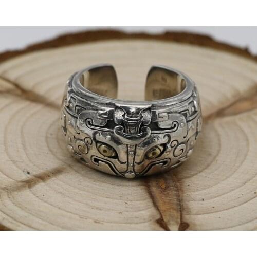 925 Sterling Silver Handmade Personality Retro Beast Gluttonous Ring Wide Punk Style Men And Women Open Ended Ring