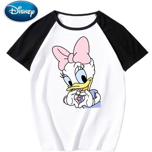 Disney Stylish Daisy Duck Cartoon Print O-Neck Pullover Short Sleeve Contrast Color Unisex T-Shirt Tee Tops XS - 3XL 11 Colors