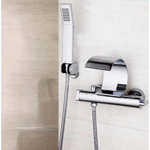 Bathroom Bathtub Wall Mounted Chrome Polished Solid Brass Waterfall Spout Dual Control hand Sprayer Shower Faucet Sets