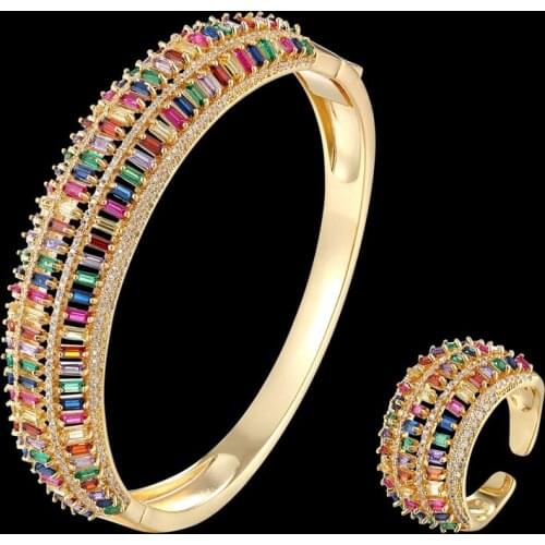 Zlxgirl jewelry women size wedding bracelet with ring jewelry sets metal mixed color cubic zircon copper love bangle anel bijoux