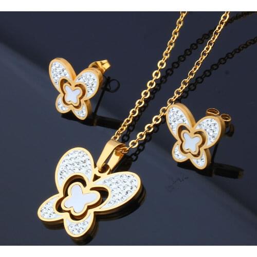 OUFEI Stainless Steel Jewelry Sets for Women Shell Crystal Butterfly Pendant Necklace Stud Earrings Fashion Gold-color Gift