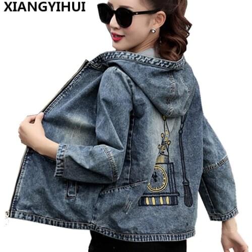 Plus Size 4XL 5XL 2018 Spring Bomber Jacket Women Embroidered Denim Jacket Bombers Hooded Jaqueta Jeans Women Basic Coats