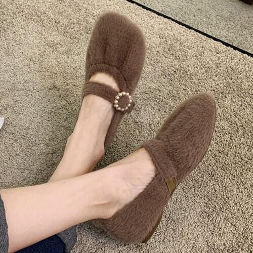 Woman Bow-knot fur flats winter warm plush shoes women beads velvet ballerina espadrilles square toe pearl furry moccasins women