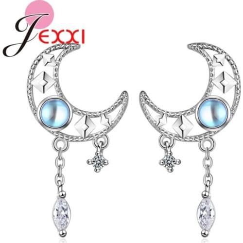 Wholesale Genuine 925 Sterling Silver Earrings For Women Girls Hollow Moon And Blue Planet Shape Stud Earrings Fast Shipping