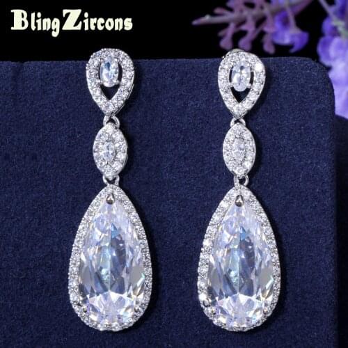 BeaQueen Brand Clear CZ Crystal Silver Color Jewelry Long Tear Drop Cubic Zirconia Dangle Earrings for Women Wedding E064