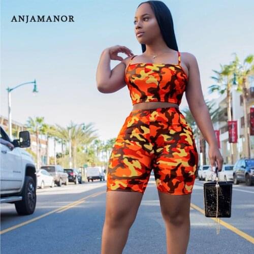 ANJAMANOR Camouflage Print Casual Two Piece Set Crop Top and Pants Summer Short Tracksuit Women Sexy Bodycon Romper D74-BI19