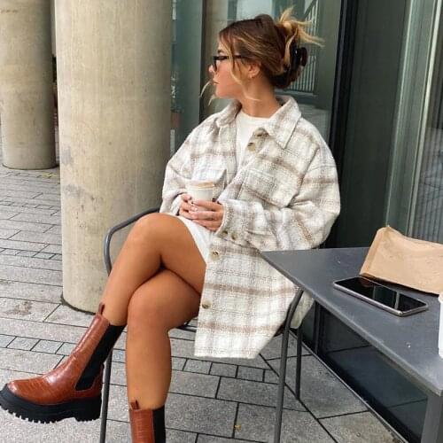 Ardm Za Vintage Loose Plaid Tweed Coat Women Jacket Autumn Winter Oversize Abrigo Mujer Streetwear Pockets Overcoat Female Tops