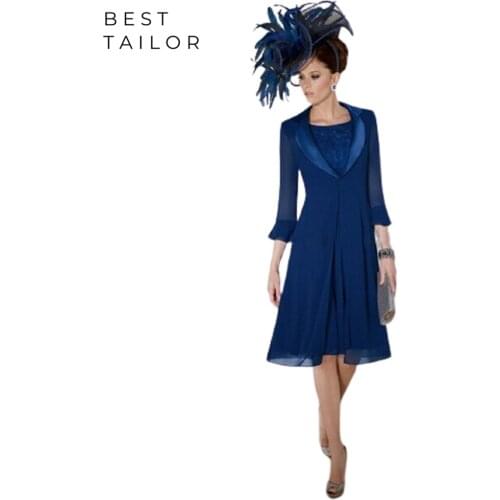 Retro Royal Blue Mother of the Bride Dresses with Jacket Knee Length A-Line Empire Waist Collar Vintage Women Wedding Party Gown