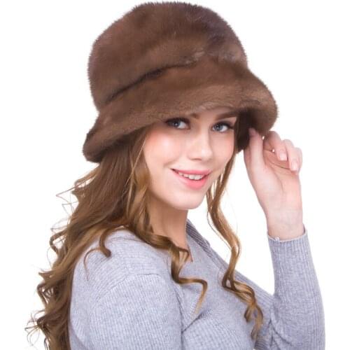 Luxury Handmade Winter Womens Genuine Wholeskin Mink Fur Fedoras Hats Adjustable Belt Lady Warm Caps VF5046