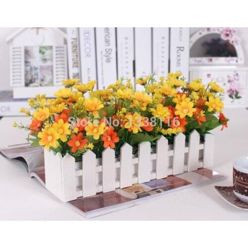 1 Set 30cm Wooden Fence Vase + Flowers Eugene Flower Rose And Daisy Artificial Flower Set Silk Flowers For Home Desk Decoration