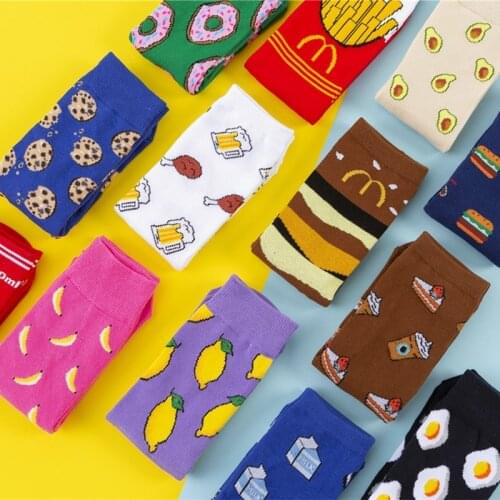 2 Pairs Funny Socks Women Casual Cartoon Fruit Banana Avocado Lemon Egg Cookie Donuts Happy Japanese Harajuku Skateboard Socks