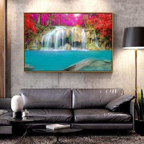 Artcozy Oil Canvas Painting Thailand_Parks_Waterfalls_Erawan_waterfall_National_Park_Nature_autumn For Home Decoration Wall Art