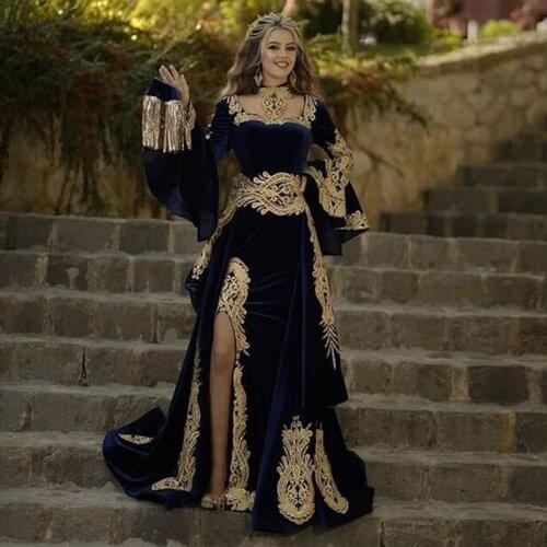 Eightale Morocco Kaftan Evening Dress with Detachable Skirt Two Pieces Long Sleeve Mermaid Velvet Prom Gown Arabic Party Dress