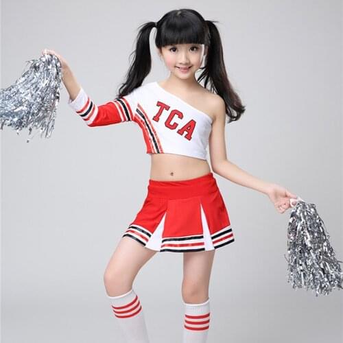 Kids Cheerleader Costumes Shoulder Off Vest+Skirt Student School Uniform Cheerleading Dance Skirt Girl Street Dancing Clothes