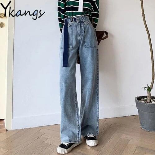 Belt Buttons Big Pockets Wide Leg Long Jeans Baggy High Waist Cargo Denim Pants Streetwear Harajuku Vintage Wild Women Trousers