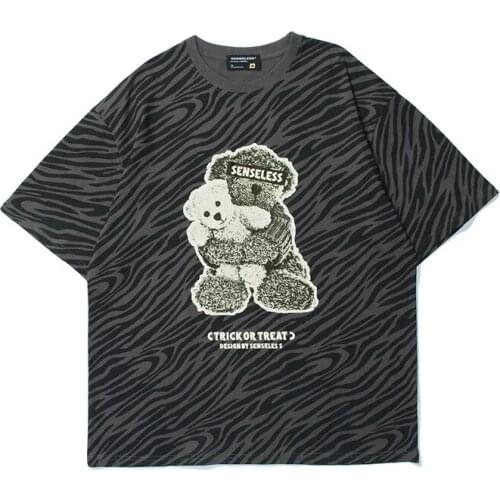 Oversize T Shirt Men Bear Zebra Pattern Print Cotton Streetwear T-shirt Short Sleeved Hip Hop Tee Tops Harajuku Male Tee Shirt