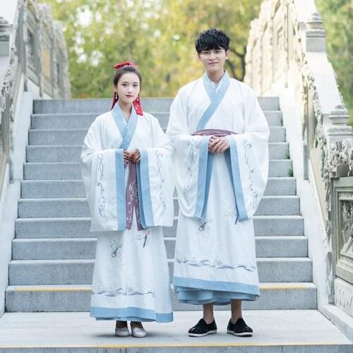 Hanfu mens big sleeve shirt womens ancient clothes cross collar Ru skirt couples c-suit P class clothing spring