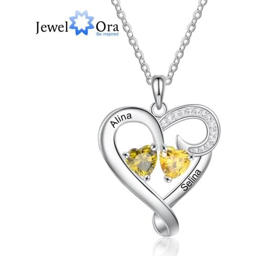 JewelOra Customized Couple Name Engraved Necklace Personalized Heart Birthstone Mothers Necklace Valentines Day Gift for Wife