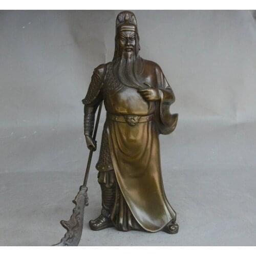 Chinese Bronze Stand Warrior The soldiers Guan Gong Guan Yu Hold Knife Statue